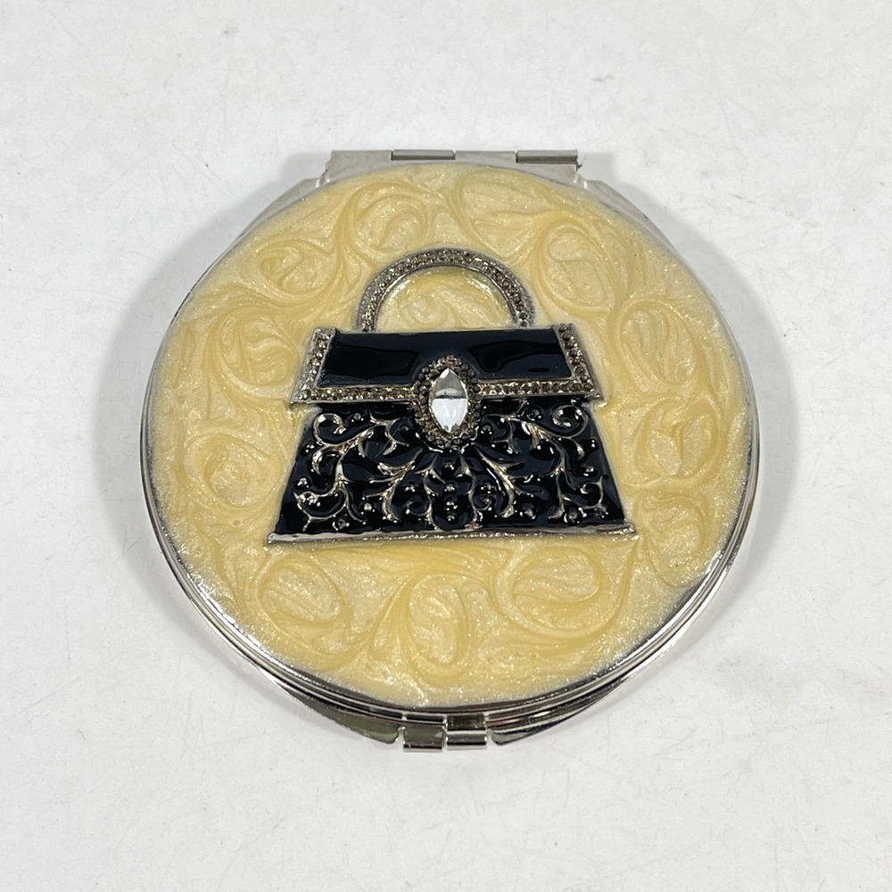 Ganz Cream Enamel Handbag Compact Mirror Rhinestone Filigree EJ9732 Womens